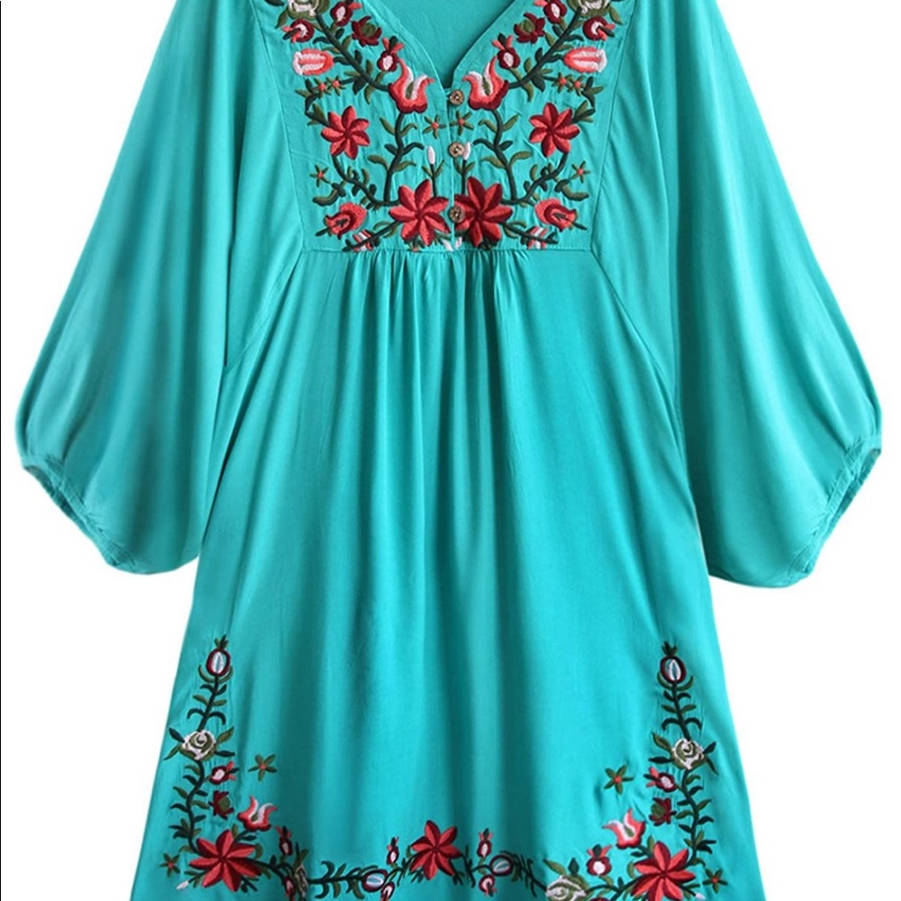 Bohemian dress turquoise w/embroidered flowers